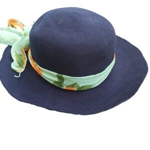 Blue felt‎ Cottagecore hat with floral scarf band 80's vintage